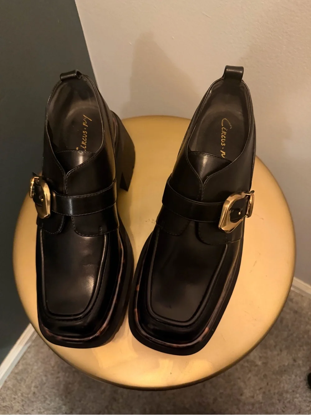Black Chunky Loafer with Gold Buckle - Women's Shoes - Picture 4 of 6